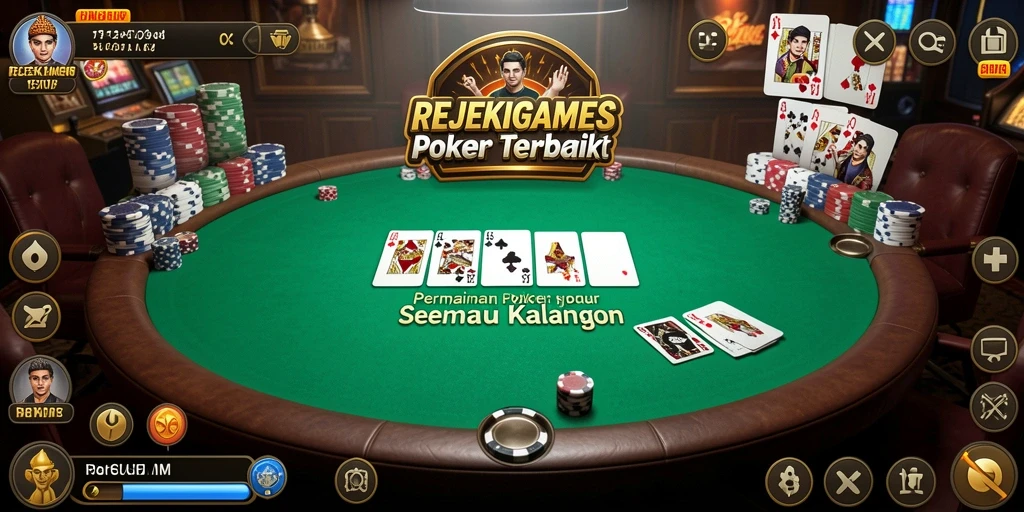 Screenshot gameplay REJEKIGAMES yang menampilkan suasana turnamen poker.